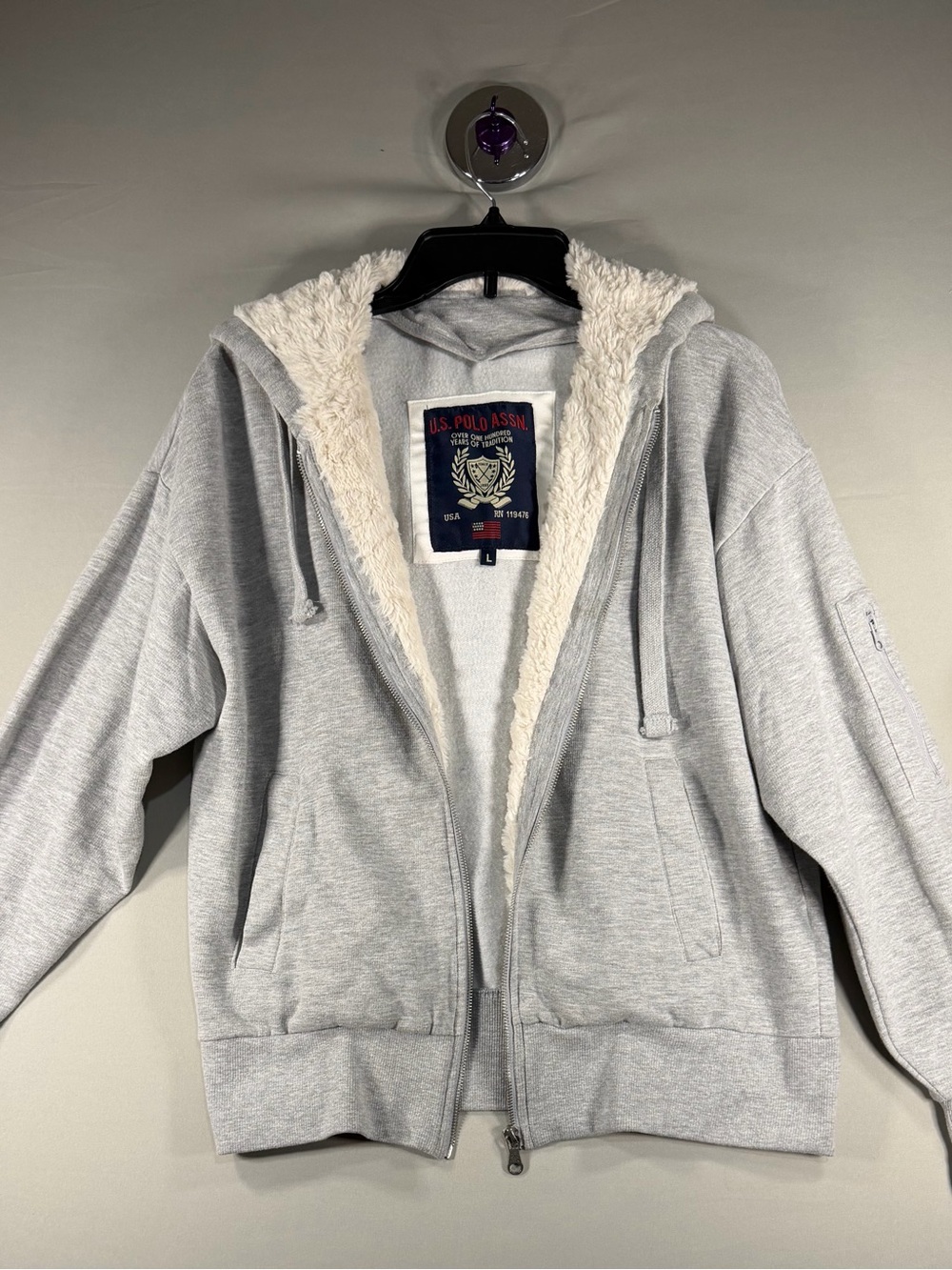 U.S. Polo Assn. Jacket Mens Sz L Gray With Fur Fleece Lined Hoodie